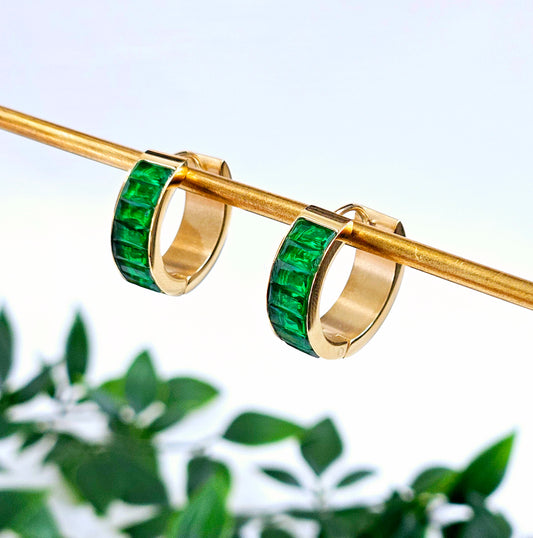 Gem Studded Circle Earrings - Green Stone