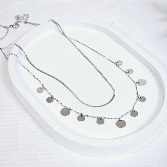 Double Layered Dangle Disc Necklace - Silver