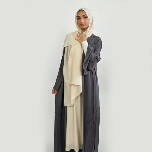 Open Buttoned Rayon Abaya - Dark Grey