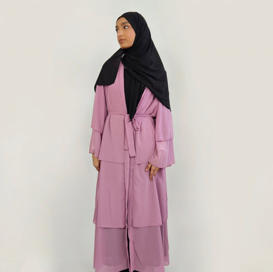 Tiered Open Chiffon Abaya - Pink