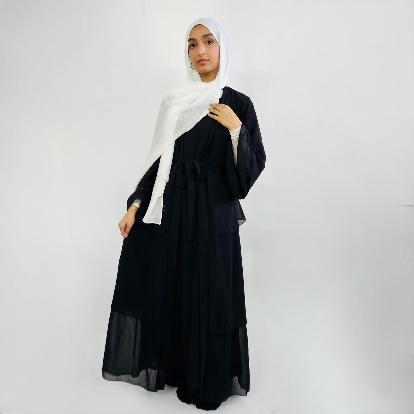 Tiered Open Chiffon Abaya - Black