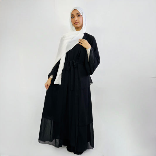 Tiered Open Chiffon Abaya - Black