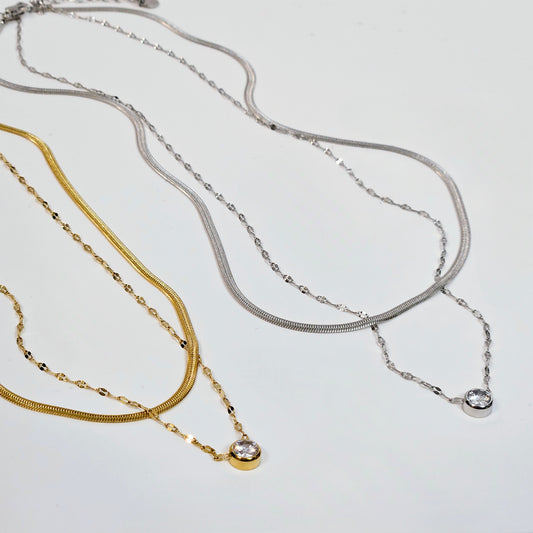 Double Layered Single Gem Necklace - Silver or Gold