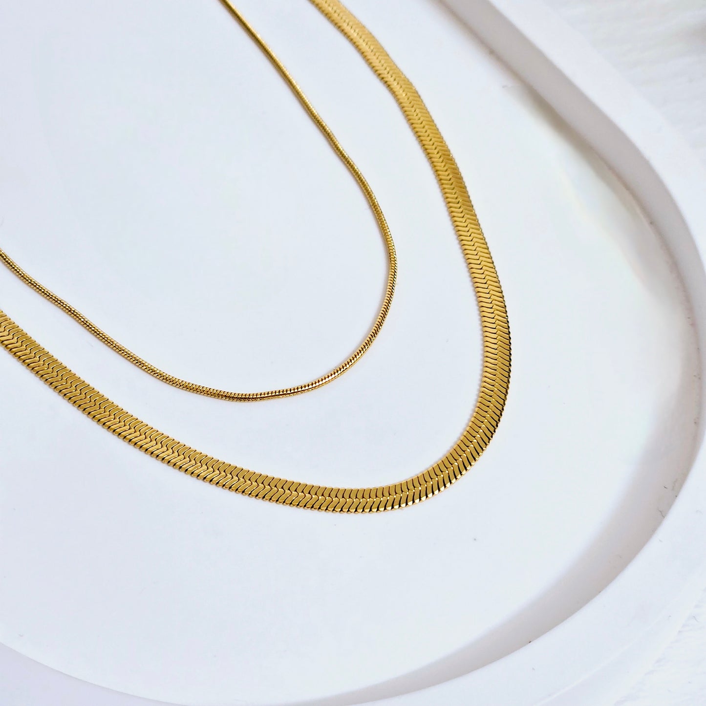 Double Layered Herringbone & Snake Necklace - Gold