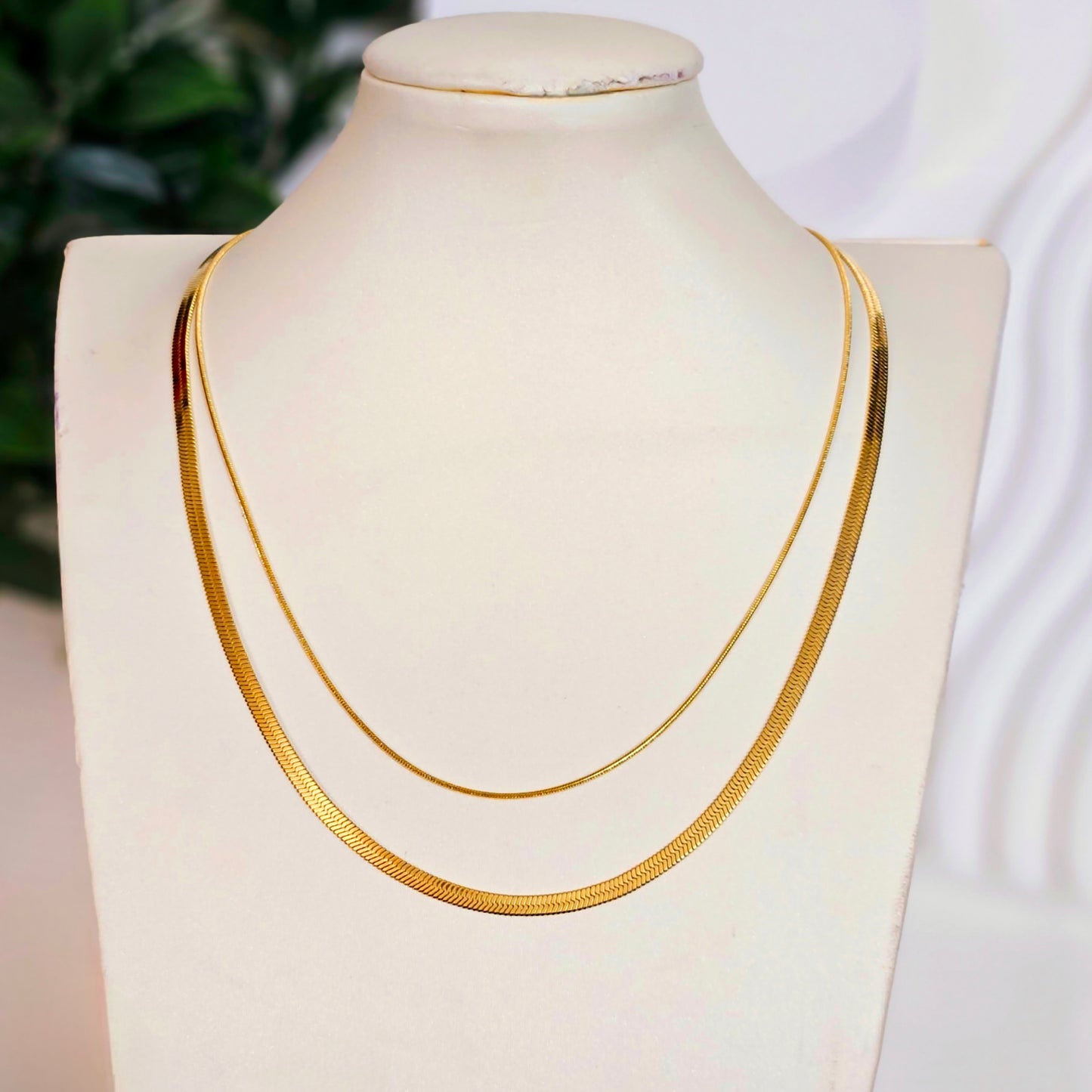 Double Layered Herringbone & Snake Necklace - Gold