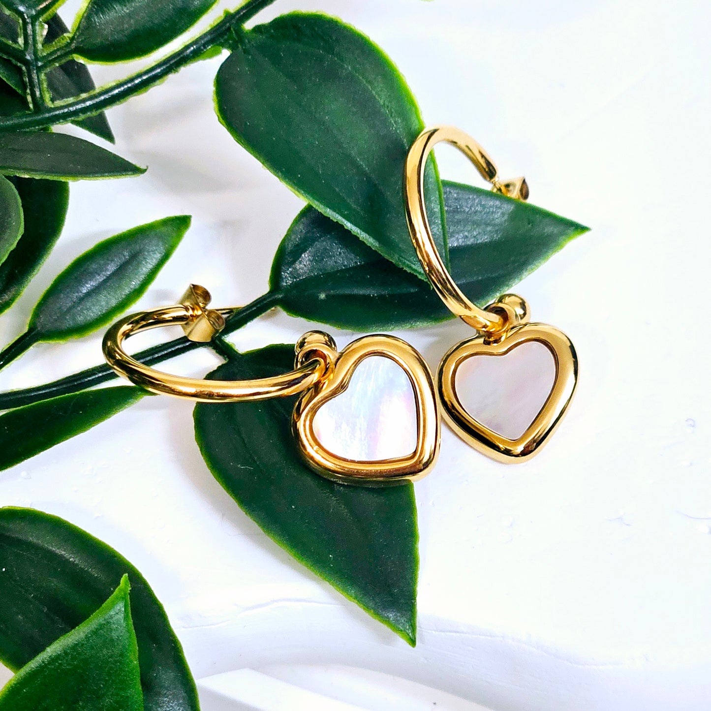 White Shell Heart Half Hoop Earrings