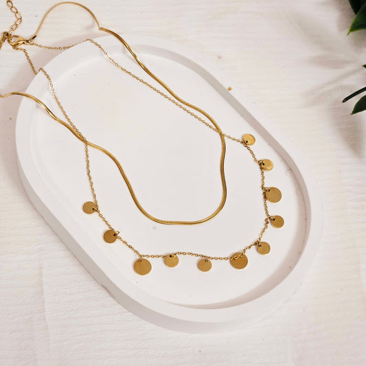 Double Layered Dangle Disc Necklace - Gold