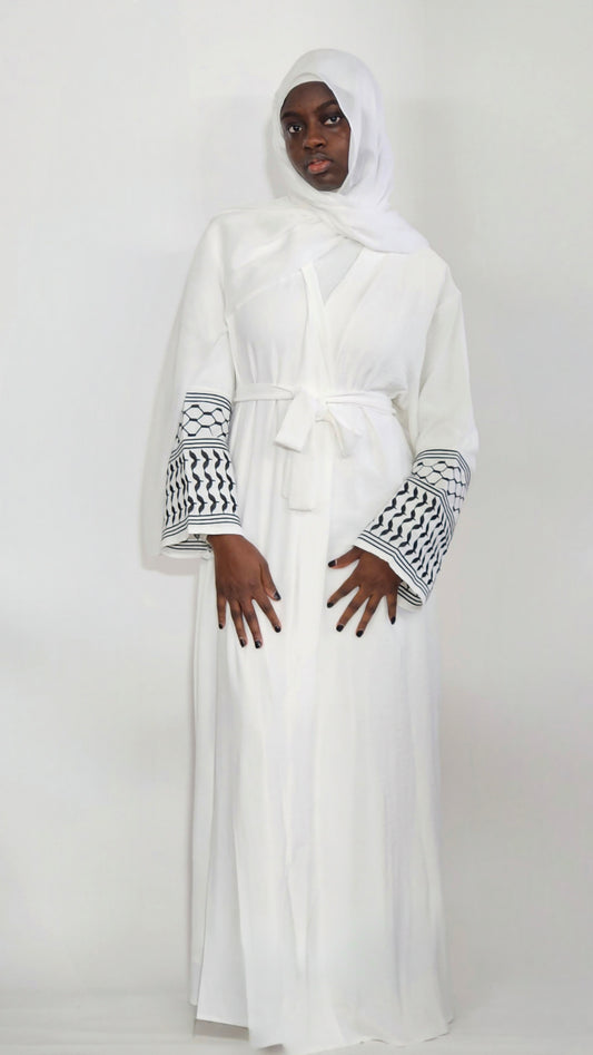 Palestine Keffiyeh Abaya - White & Black Embroidery