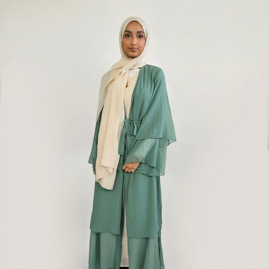 Tiered Open Chiffon Abaya - Turquoise