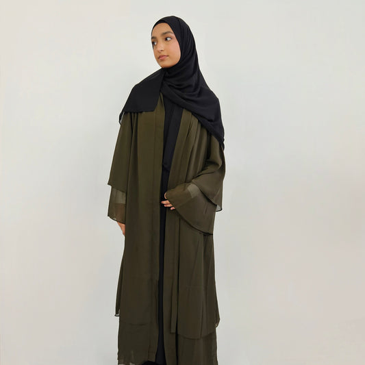 Tiered Open Chiffon Abaya - Olive