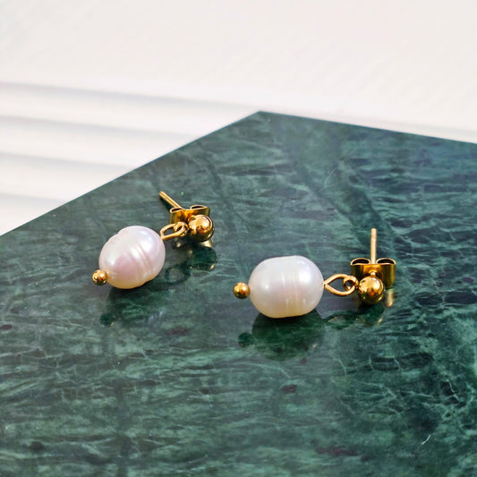Tiny Freshwater Pearl Dangle Stud Earrings
