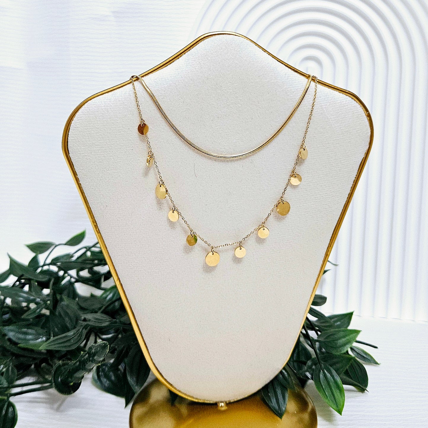 Double Layered Dangle Disc Necklace - Gold