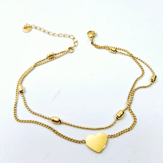 Cuban Heart Dotted Double Layered Anklet Gold