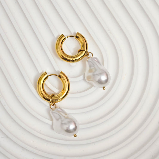 Thick Hoop Freshwater Pearl Earrings