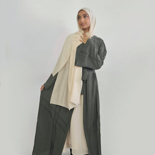 Open Buttoned Rayon Abaya - Olive