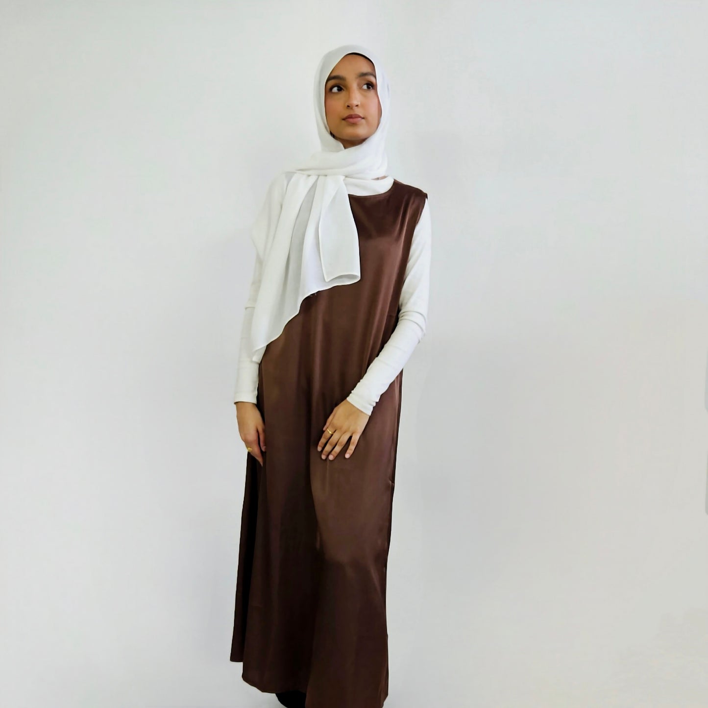 2 PC Inner & Outer Satin Gemmed Abaya - Chocolate Brown