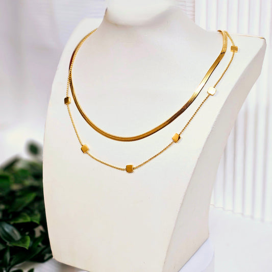 Double Layered Rectangle Necklace - Gold