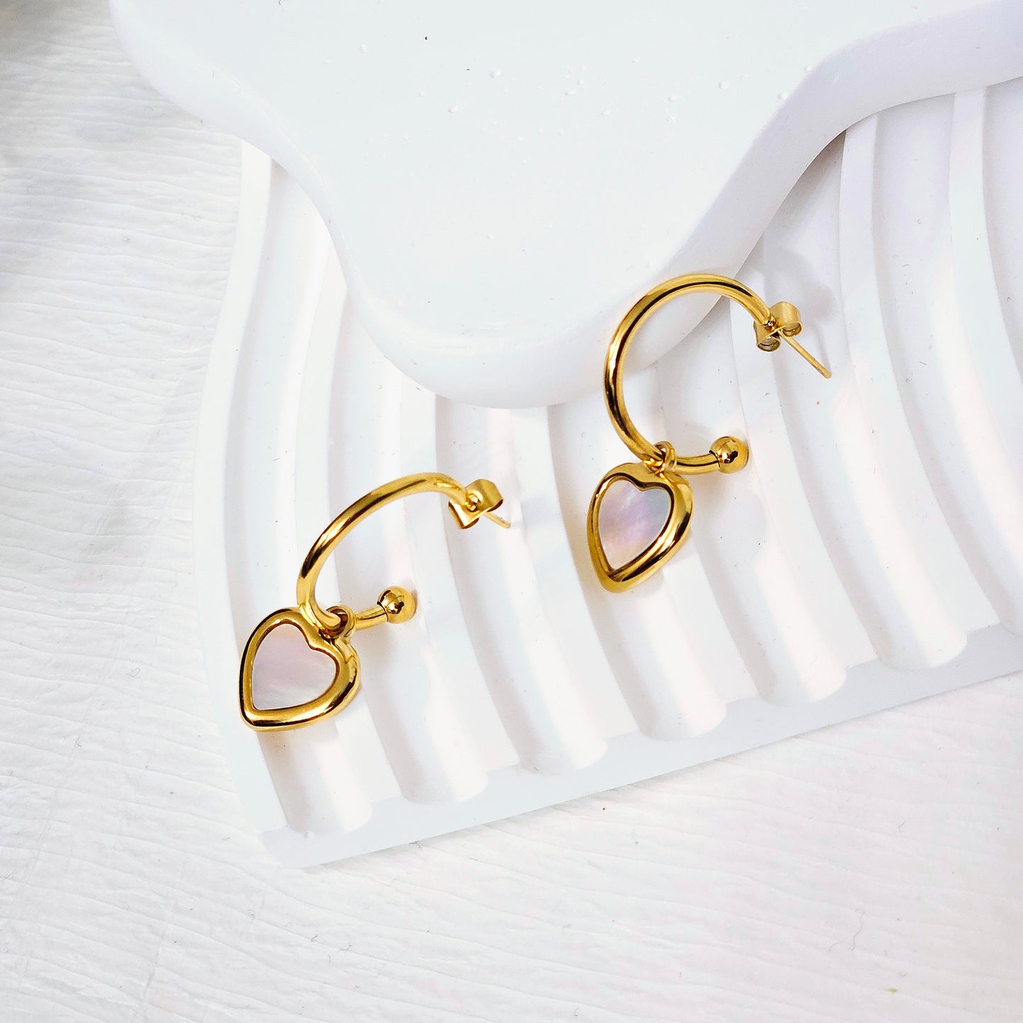 White Shell Heart Half Hoop Earrings