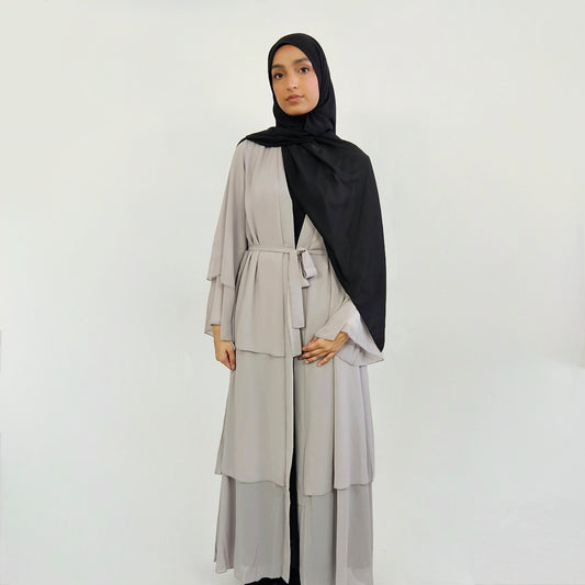 Tiered Open Chiffon Abaya - Light Grey
