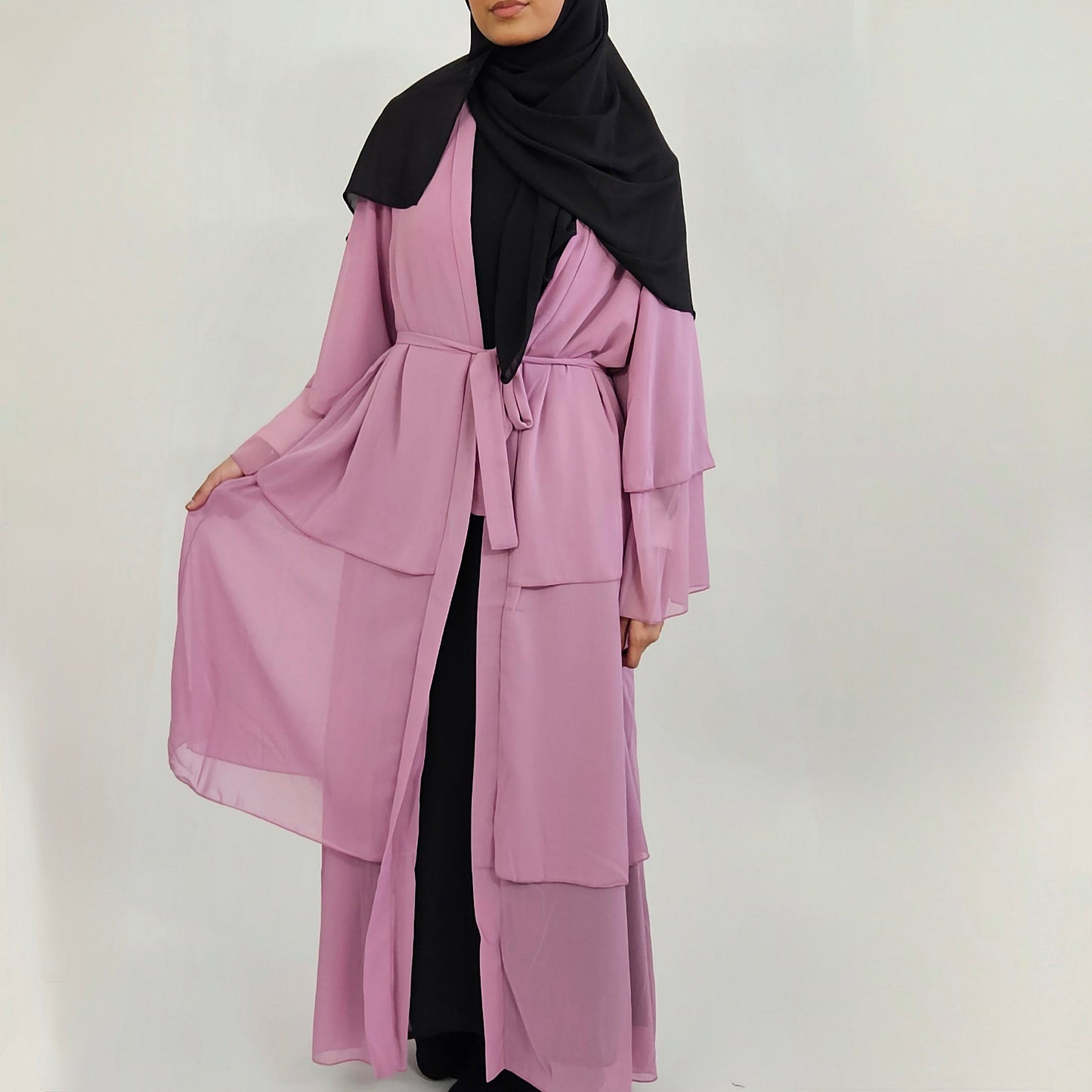 Tiered Open Chiffon Abaya - Pink
