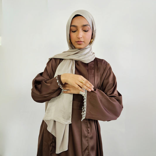 2 PC Inner & Outer Satin Gemmed Abaya - Chocolate Brown