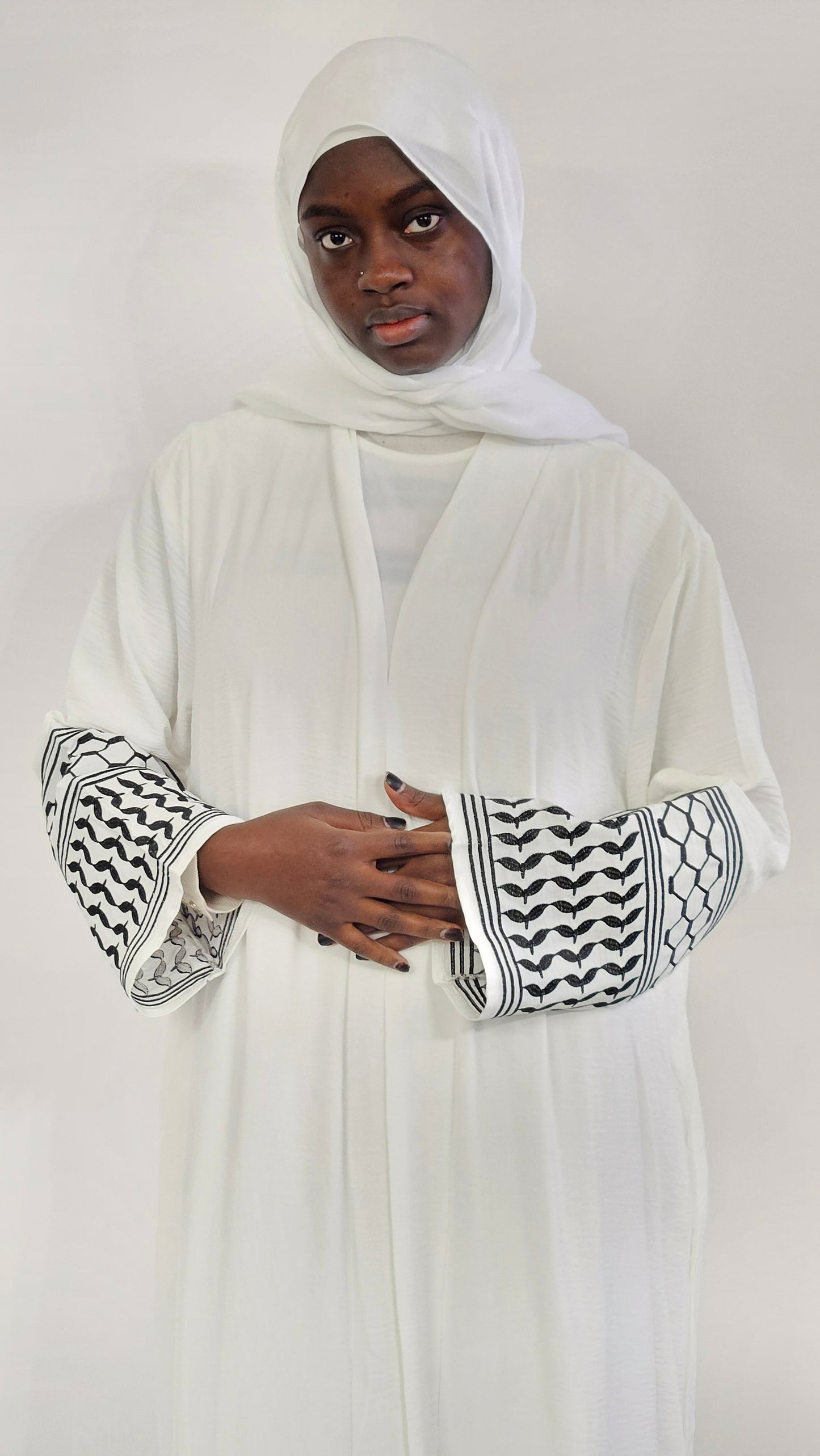 Palestine Keffiyeh Abaya - White & Black Embroidery