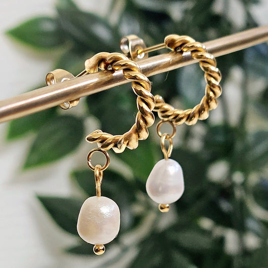 Freshwater Pearl Twist Half Hoop Earrings