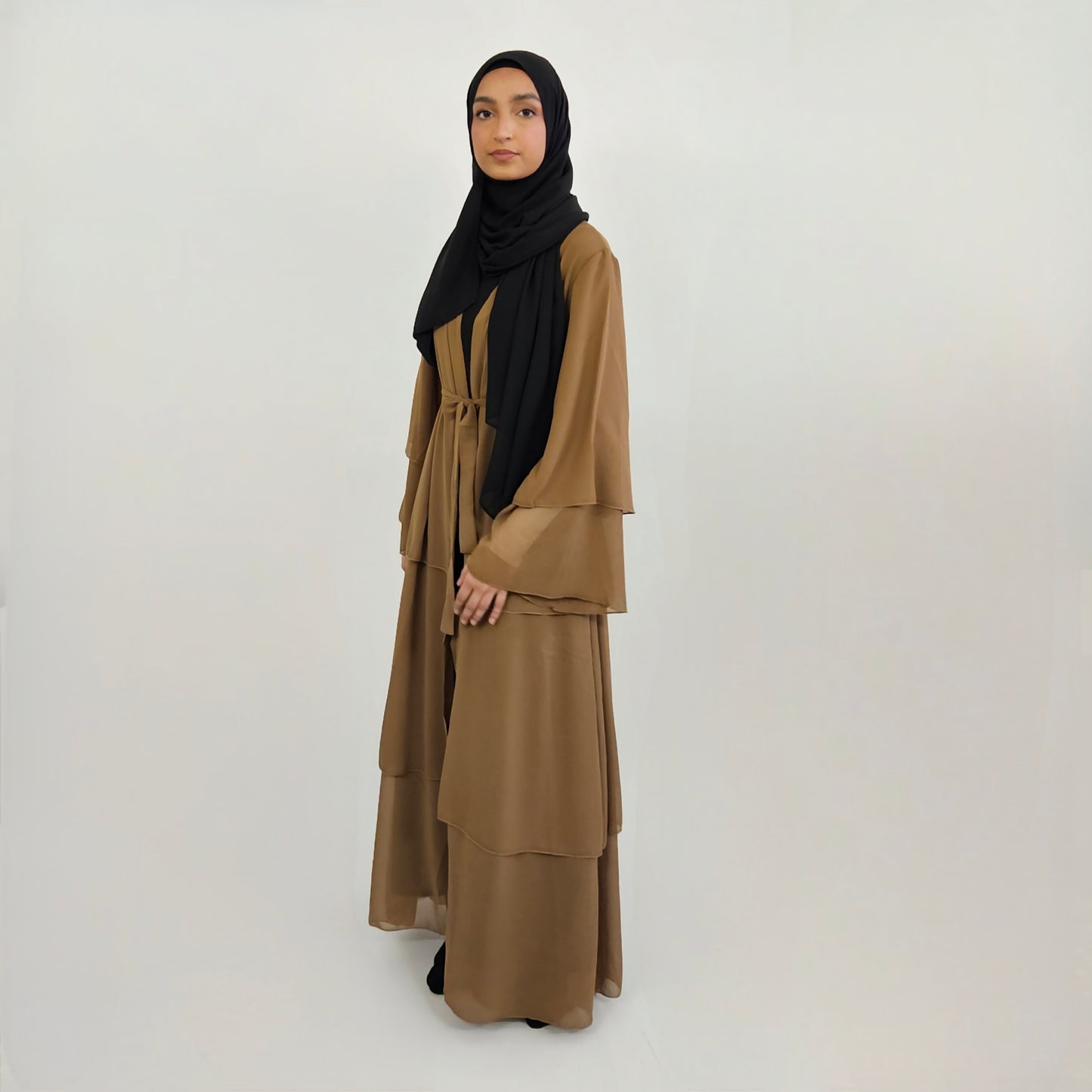 Tiered Open Chiffon Abaya - Chestnut Brown