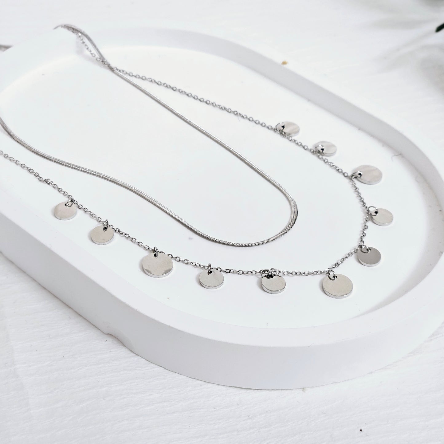 Double Layered Dangle Disc Necklace - Silver