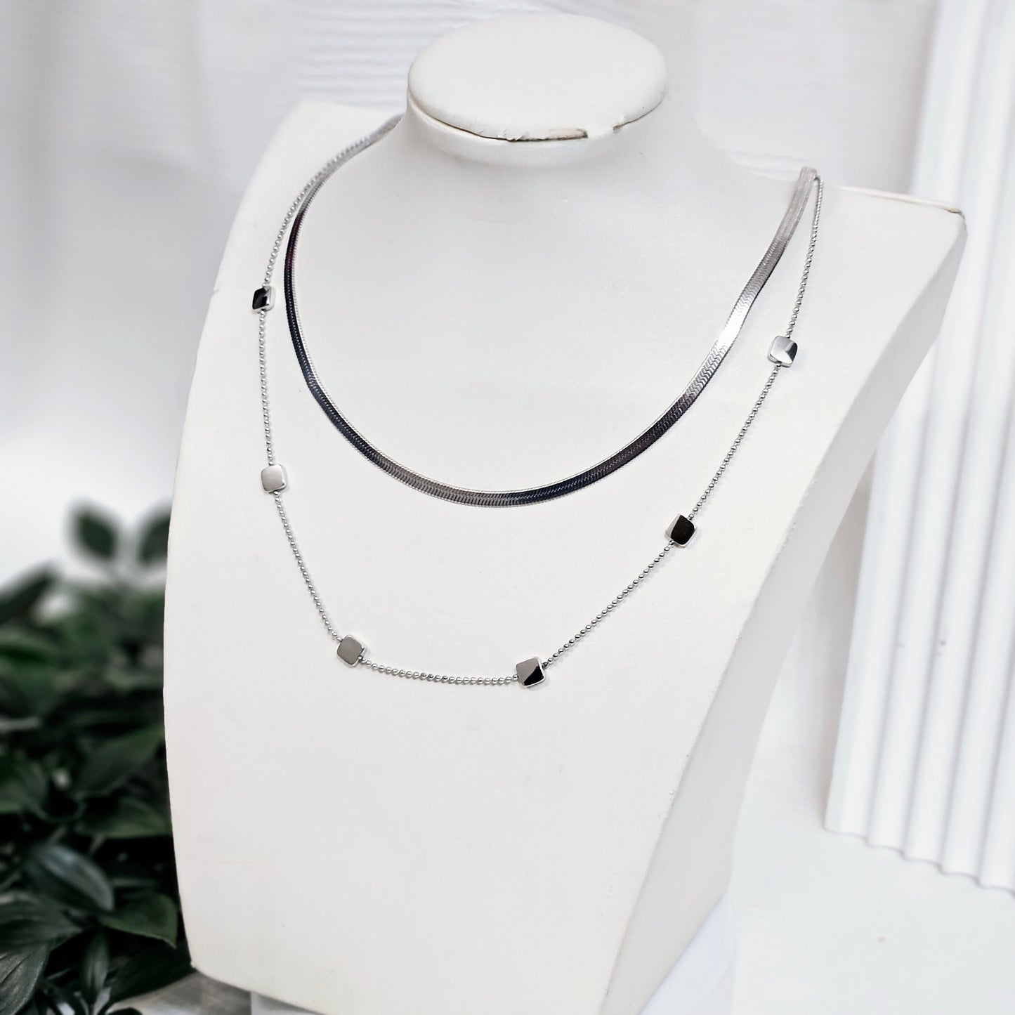 Double Layered Rectangle Necklace - Silver