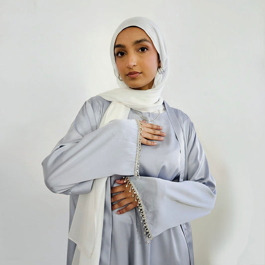 2 PC Inner & Outer Satin Gemmed Abaya - Light Silver Blue