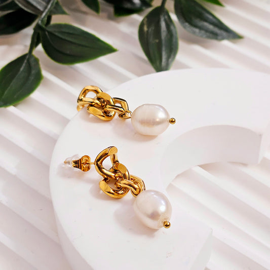 Cuban Chain Freshwater Pearl Drop Earrings