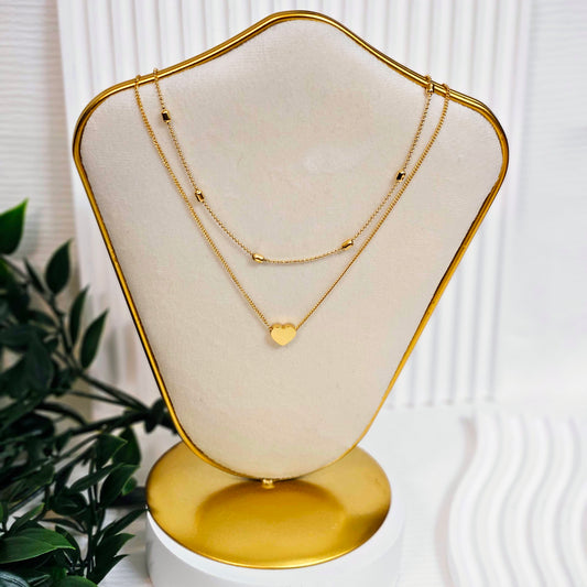 Double Layered Heart Dotted Necklace - Gold