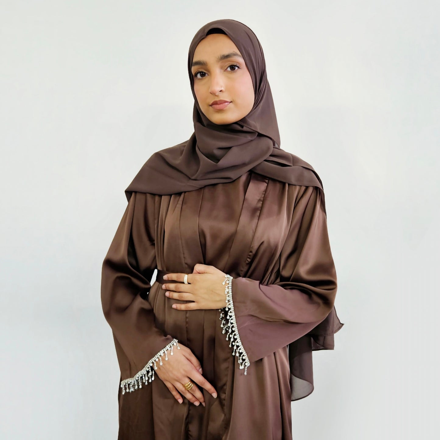 2 PC Inner & Outer Satin Gemmed Abaya - Chocolate Brown