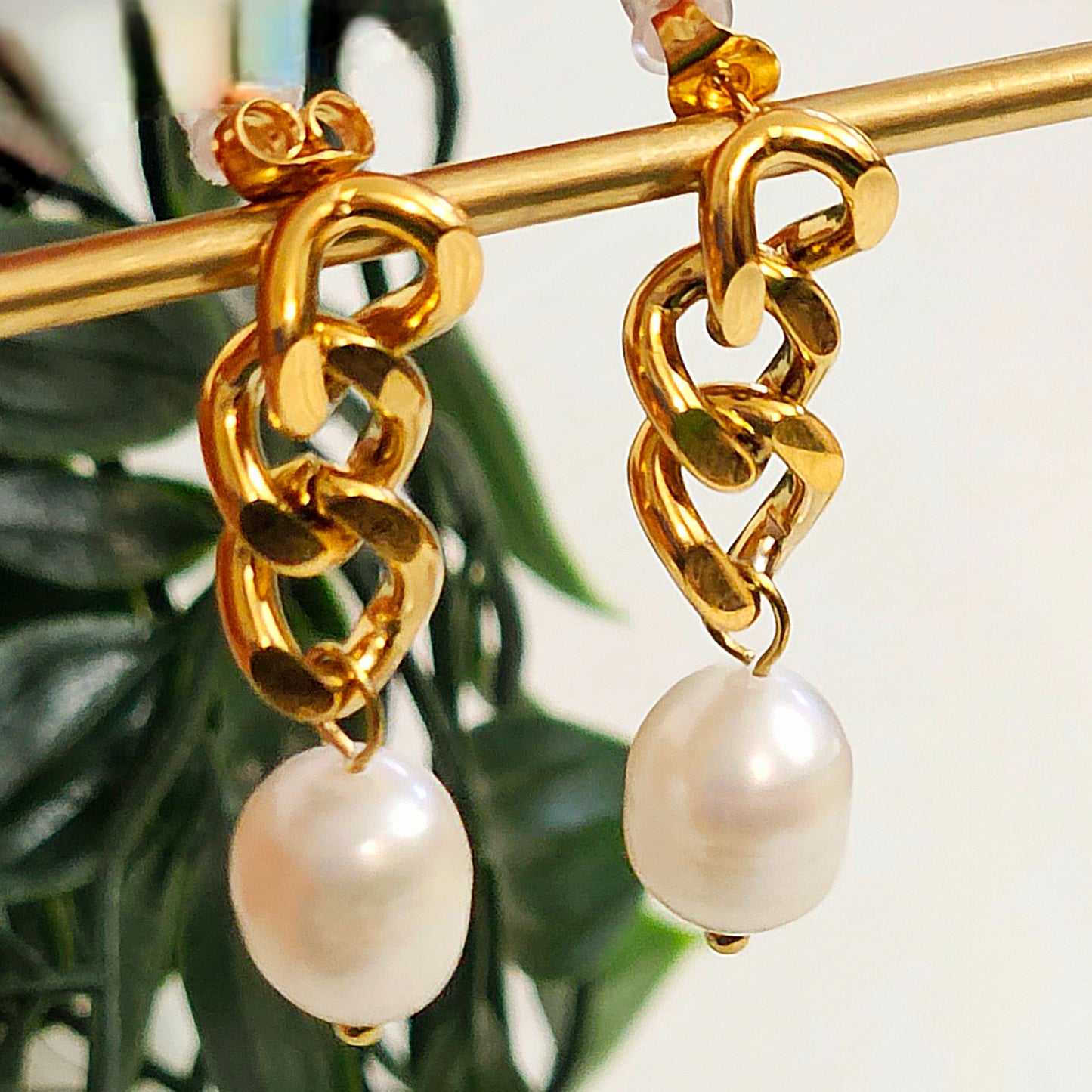Cuban Chain Freshwater Pearl Drop Earrings