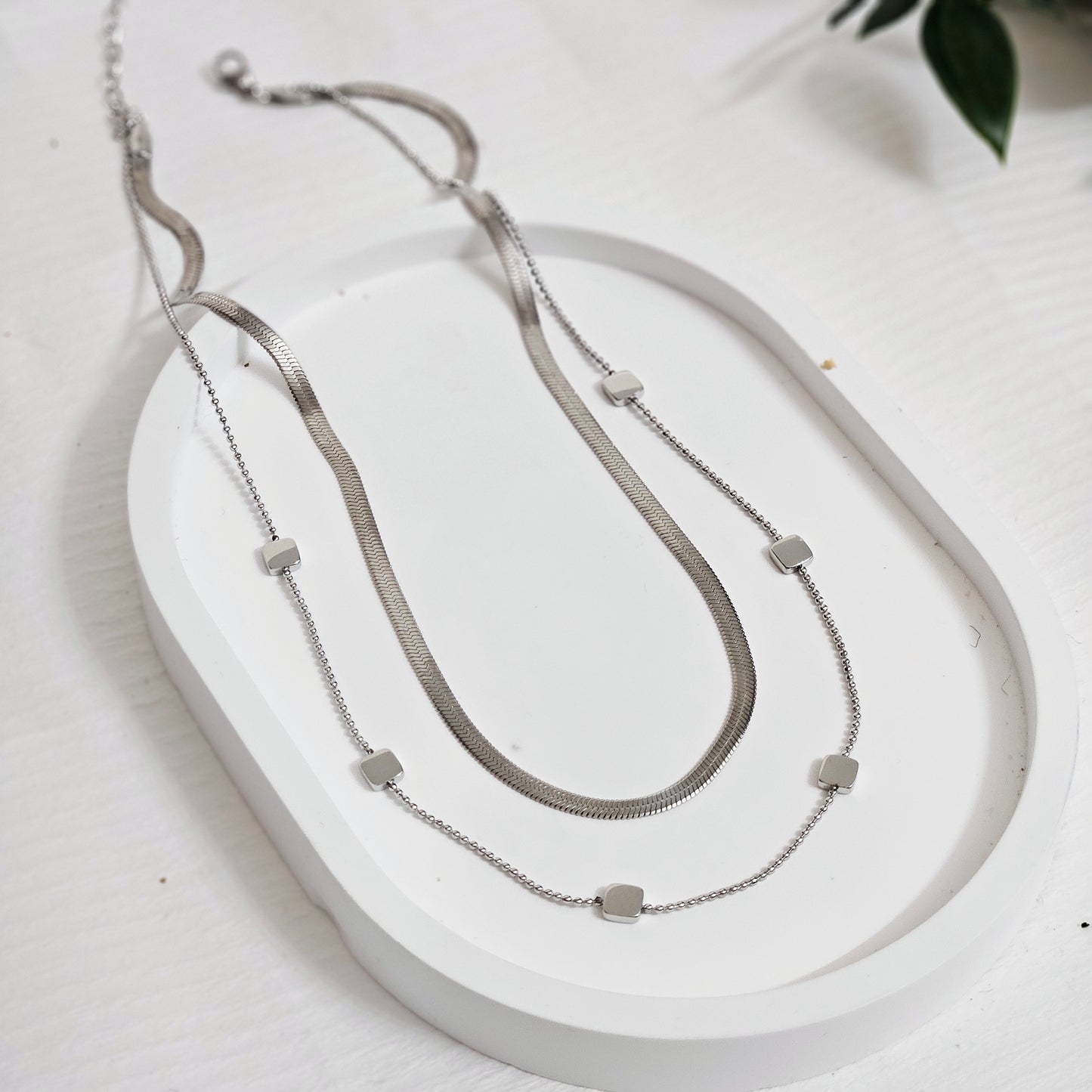 Double Layered Rectangle Necklace - Silver