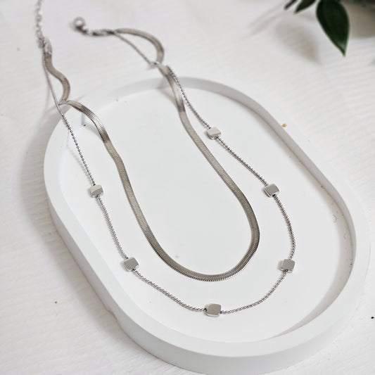 Double Layered Rectangle Necklace - Silver