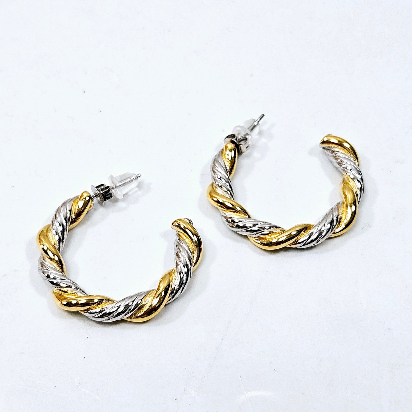Braided C Earrings Silver Gold Mixed Medium
