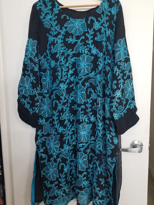 Kameez Shalwar (3 pc) - Fancy Hand Embroidered Chiffon Suit- Fancy Black and Blue