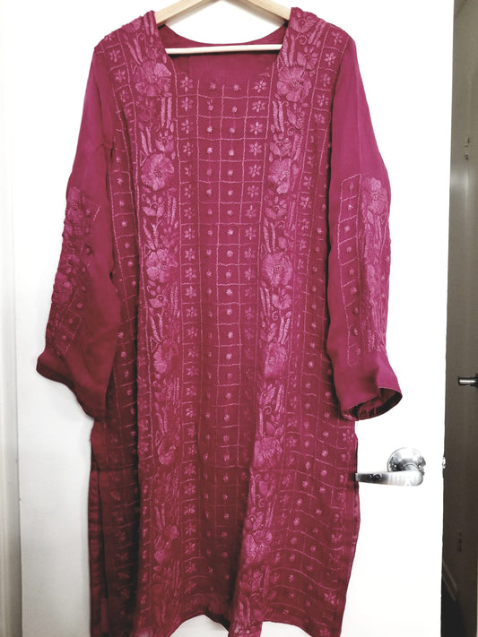 Kameez Shalwar (3 pc) - Fancy Hand Embroidered Chiffon Suit-  Dusty Magenta different Neckline