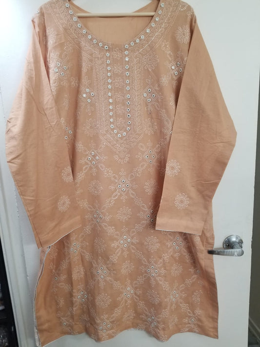 Kameez Shalwar (3 pc) - Latte- Hand Embroidered