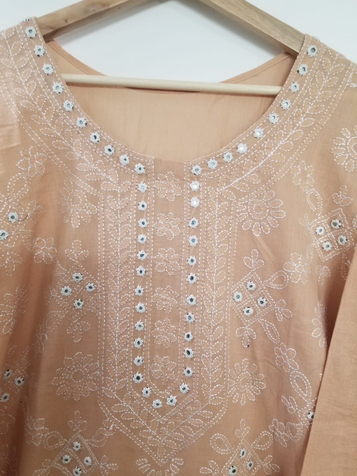 Kameez Shalwar (3 pc) - Latte- Hand Embroidered
