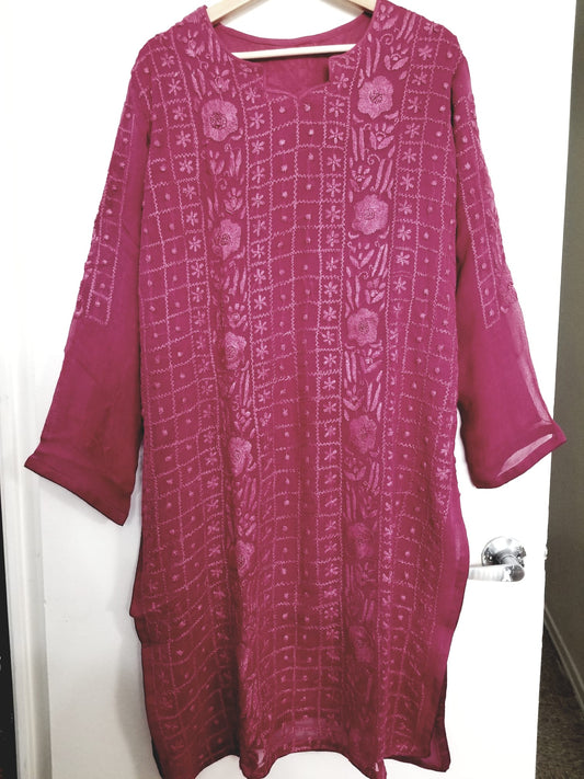 Kameez Shalwar (3 pc) - Fancy Hand Embroidered Chiffon Suit- Dusty Magenta