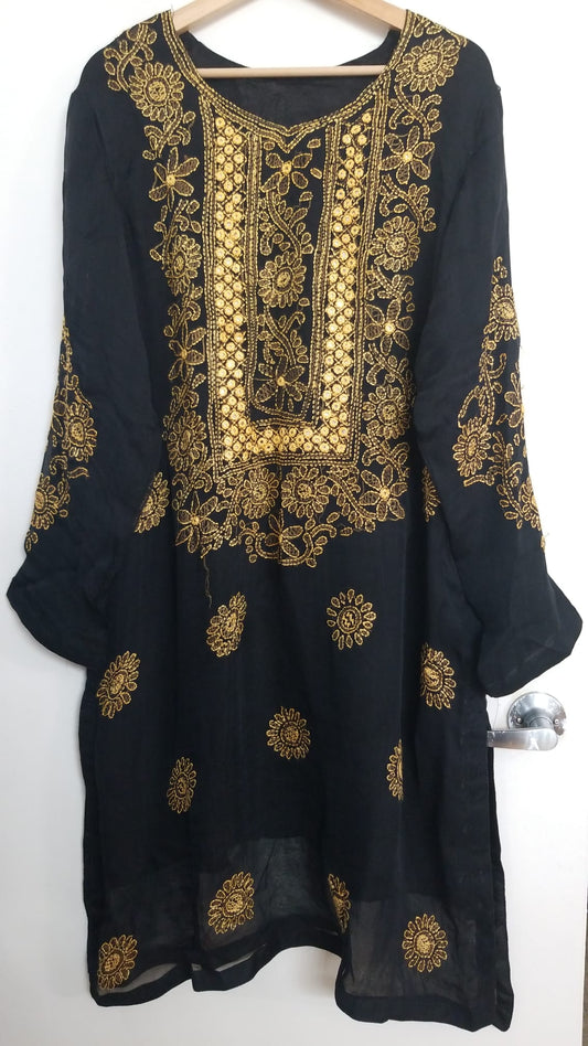 Kameez Shalwar (3 pc) - Fancy Hand Embroidered Chiffon Suit- Fancy Black and Yellow