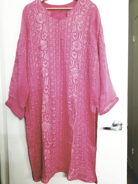 Kameez Shalwar (3 pc) - Fancy Hand Embroidered Chiffon Suit-  Pink Rose