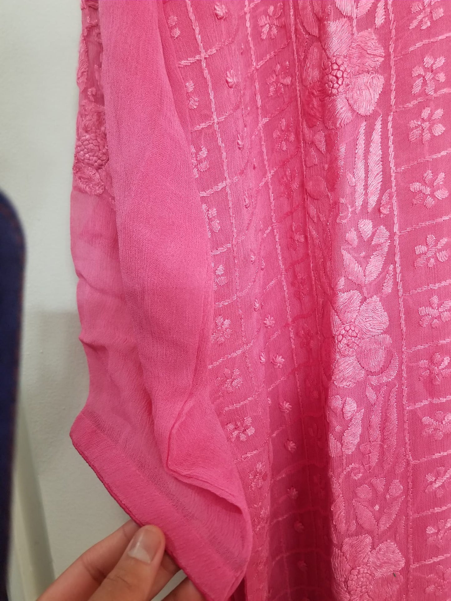 Kameez Shalwar (3 pc) - Fancy Hand Embroidered Chiffon Suit-  Pink Rose