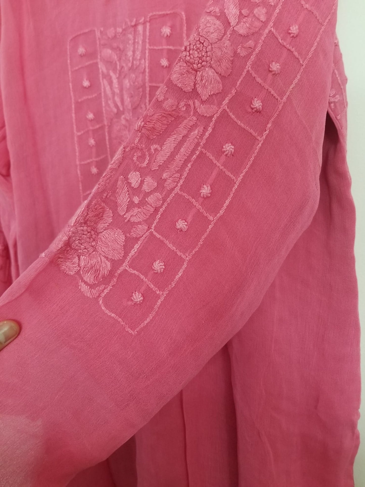 Kameez Shalwar (3 pc) - Fancy Hand Embroidered Chiffon Suit-  Pink Rose